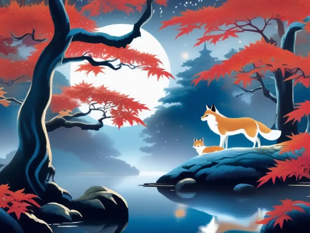 Significado Kitsune Espíritus Zorro Japoneses - Bosque místico con árboles de arce japonés, hojas en tonos rojo y dorado, y espíritus Kitsune etéreos