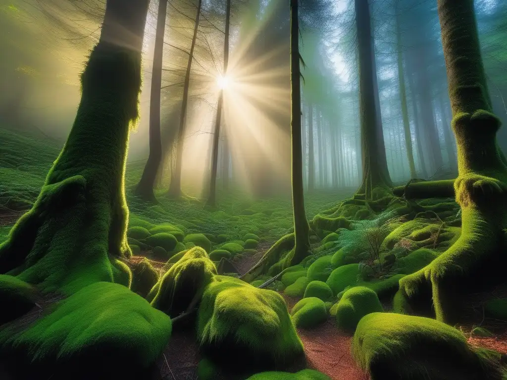 Bosque místico: Yōkai y Obake Influencia criaturas mitológicas japonesas: Bosque místico, árboles altos, figuras espectrales y ambiente etéreo
