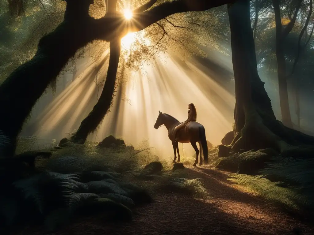 Un bosque místico al atardecer, con rayos dorados filtrándose entre árboles antiguos