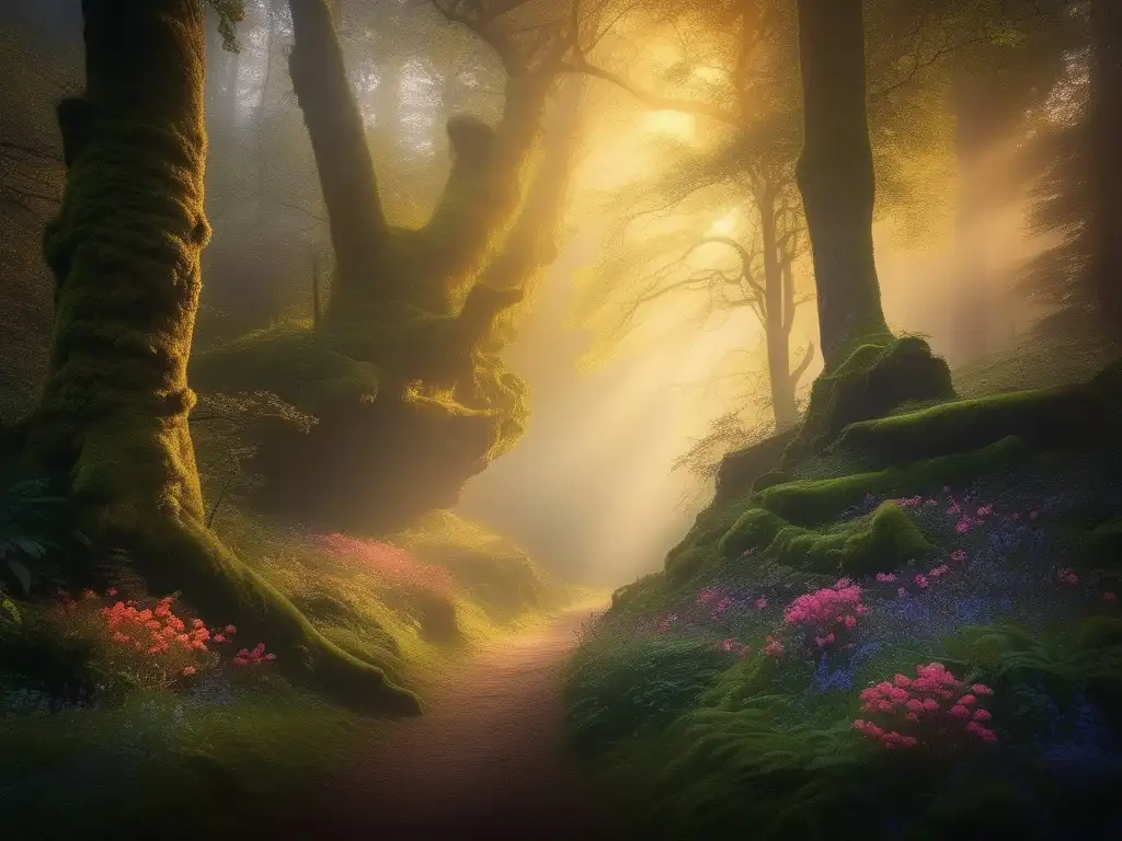 Paisaje místico con bosque antiguo, flores luminiscentes, camino neblinoso, montañas y cielo encantador