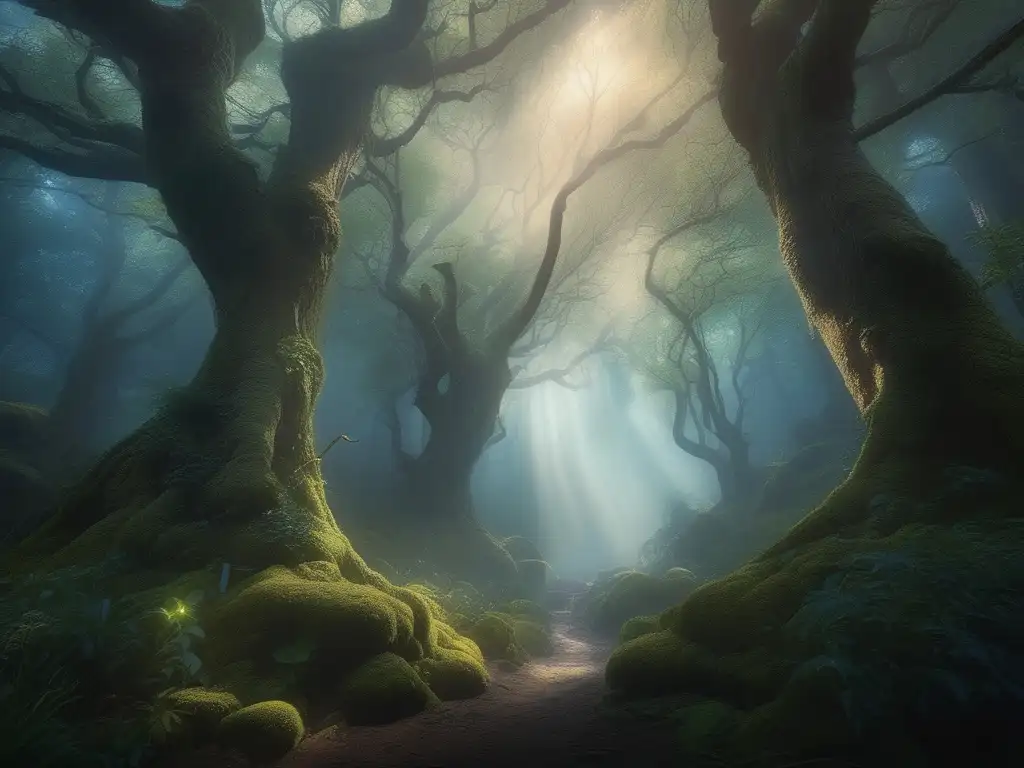 Bosque místico con árboles altos y duendes: Orígenes Duendes Mitológicos: Más Allá Arco Iris