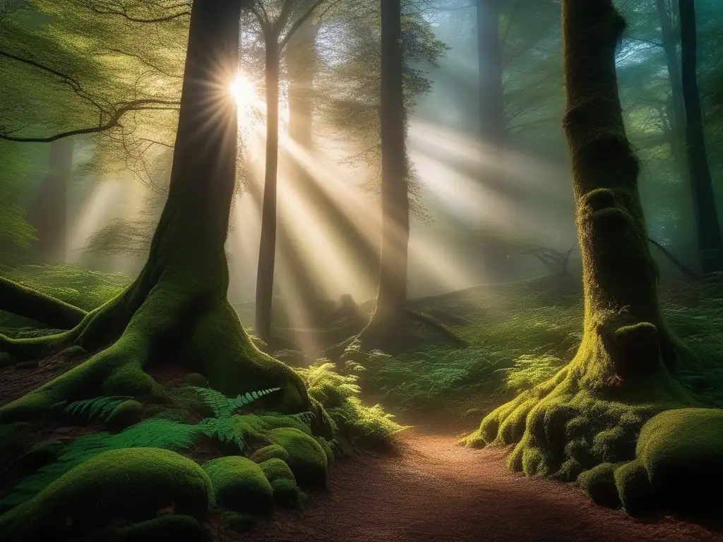 Bosque neblinoso con luz etérea