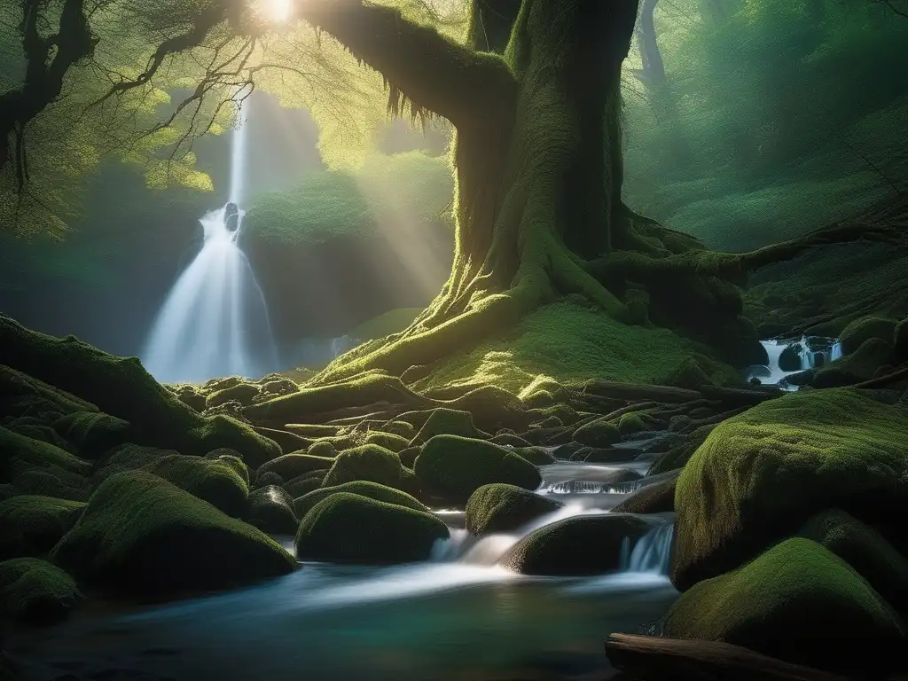 Un bosque místico con árboles antiguos, cascada y hadas, evocando la mitología europea