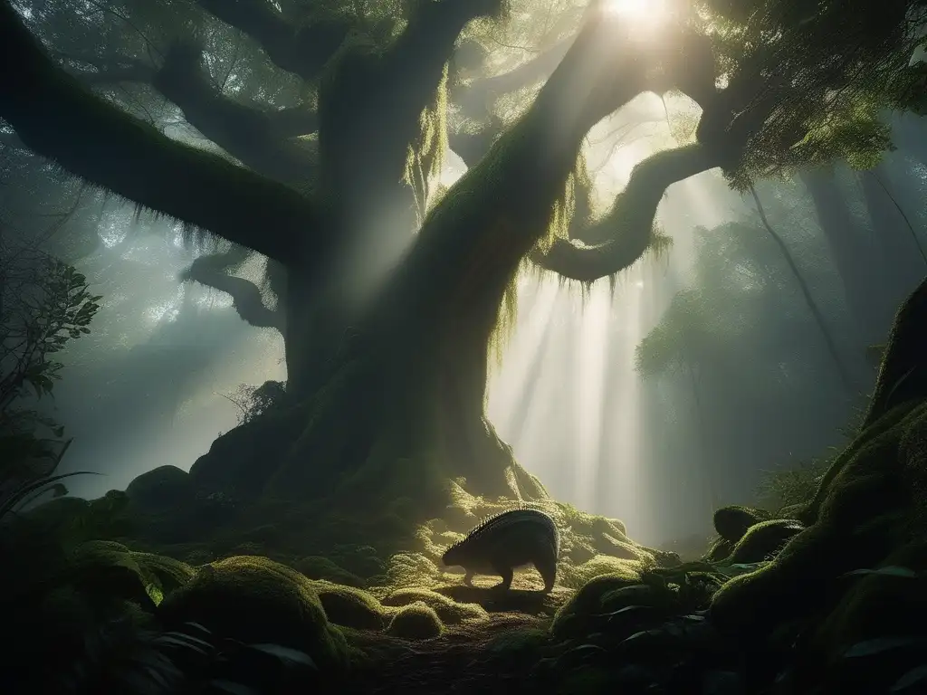 Leyenda Hombre Caimán Colombia: Bosque místico con árboles ancestrales, figura mitológica emerge entre sombras, reptil escala brillante