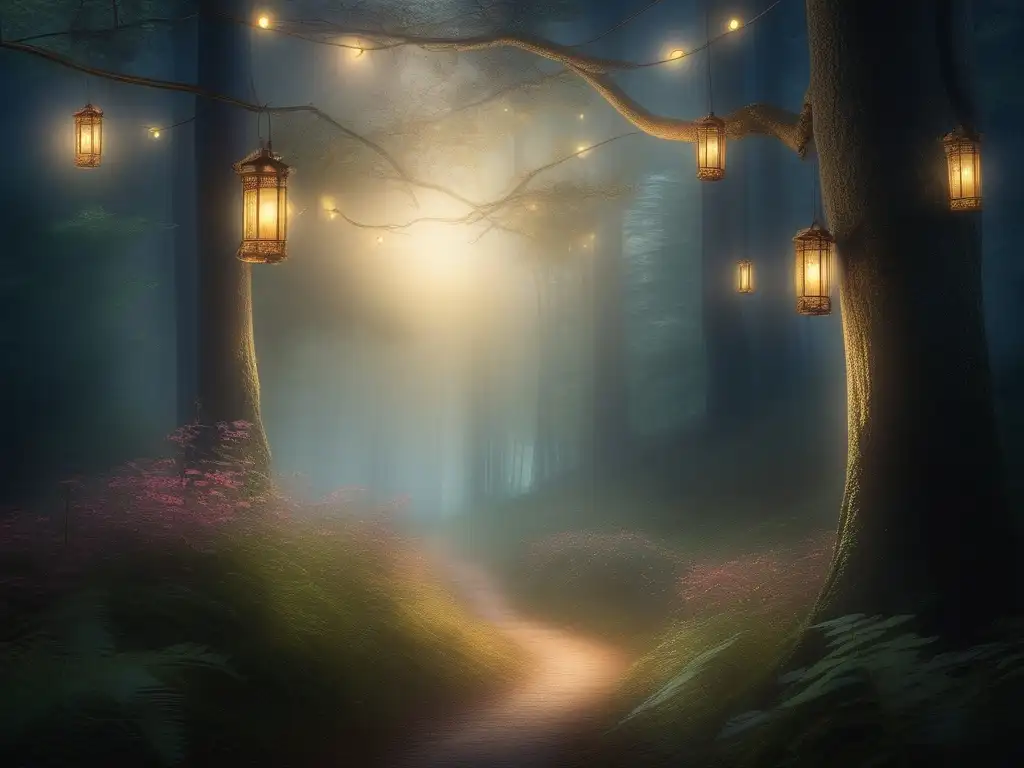 Bosque místico iluminado por la luna Influencia mitológica japonesa en un bosque místico iluminado por la luna, con criaturas etéreas y coloridas
