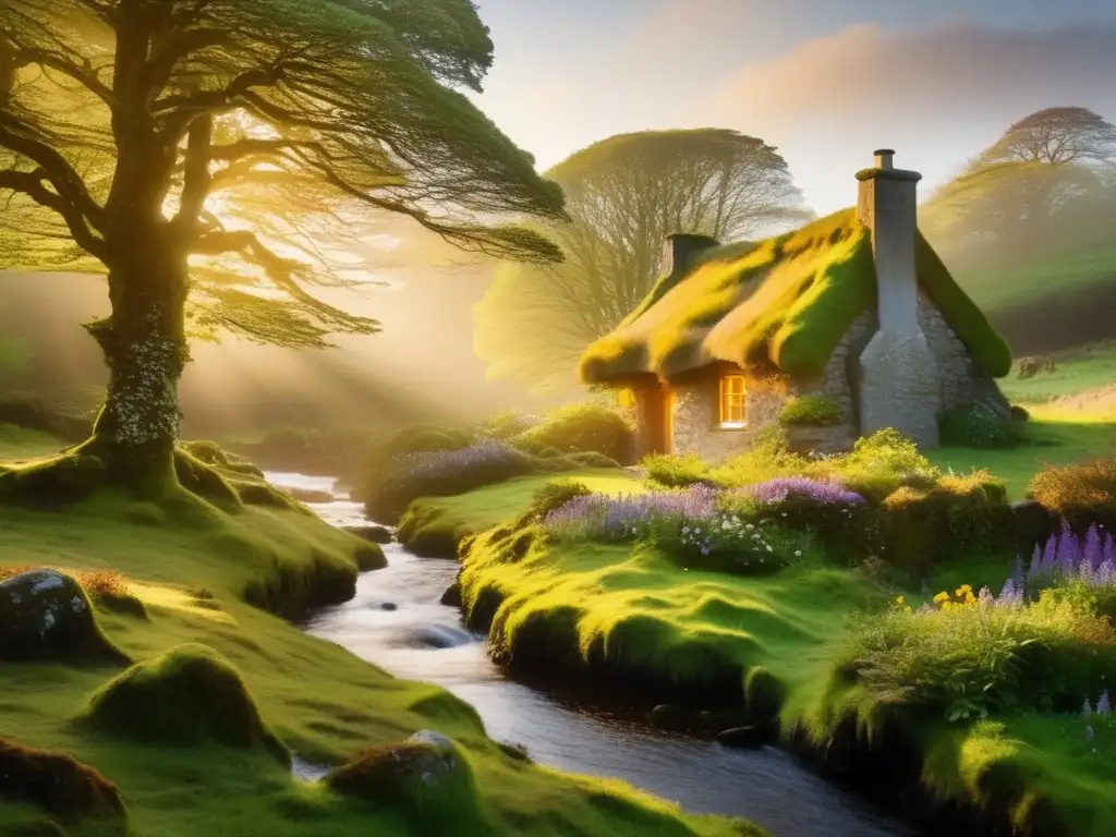 Bosque místico irlandés al amanecer, con luz dorada filtrada por los árboles, rocas cubiertas de musgo y flores silvestres vibrantes