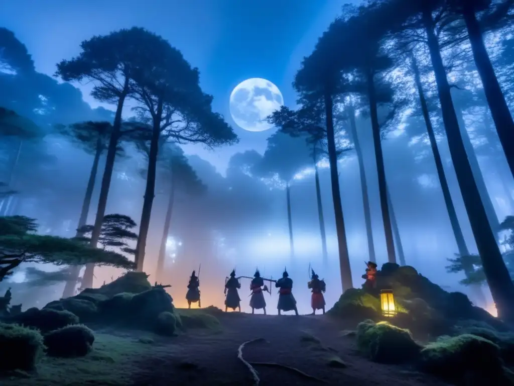 Imagen: Bosque neblinoso al atardecer con Oni, seres mitológicos de la cultura japonesa