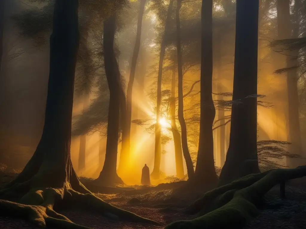 Doppelgängers mitológicos en Alemania en un bosque misterioso al atardecer, con árboles antiguos y niebla