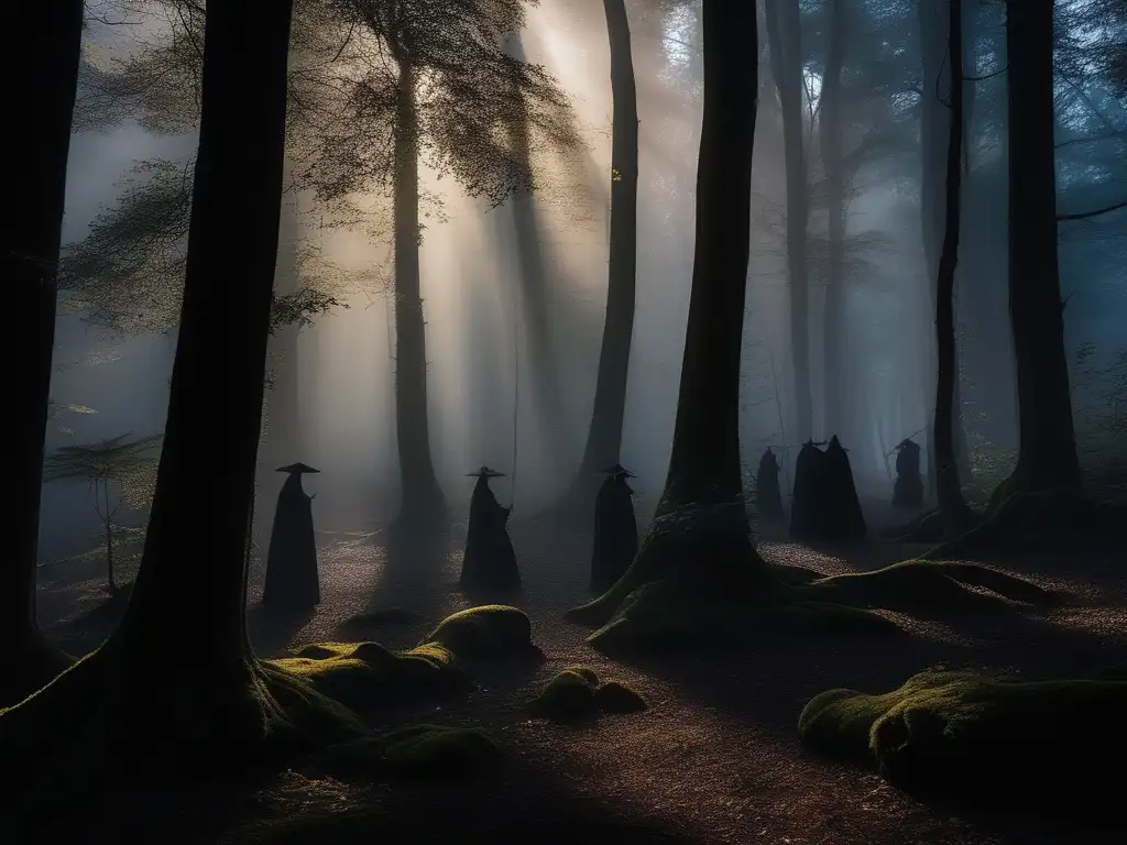 Bosque oscuro y místico al atardecer, con figuras demoníacas y simbolismo de la cultura judía