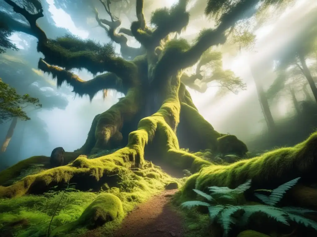 Bosque místico con árboles antiguos, troll y gigante enfrentados