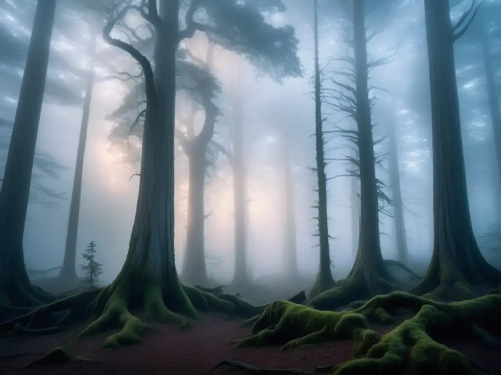 Criaturas mitológicas europeas sombrías en un bosque cubierto de niebla al atardecer