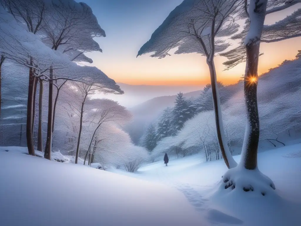 Espíritu Yukionna en Japón: paisaje invernal sereno con nevada suave, árboles altos cubiertos de nieve y presencia misteriosa