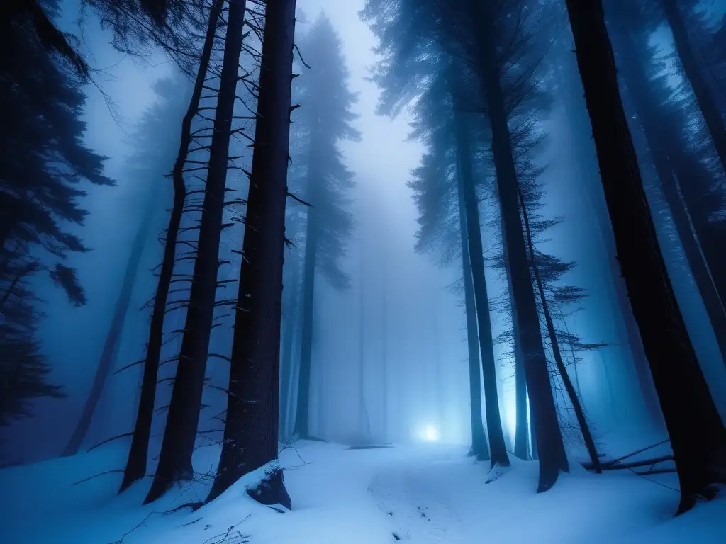 Criaturas míticas en un bosque oscuro, con una cabina iluminada