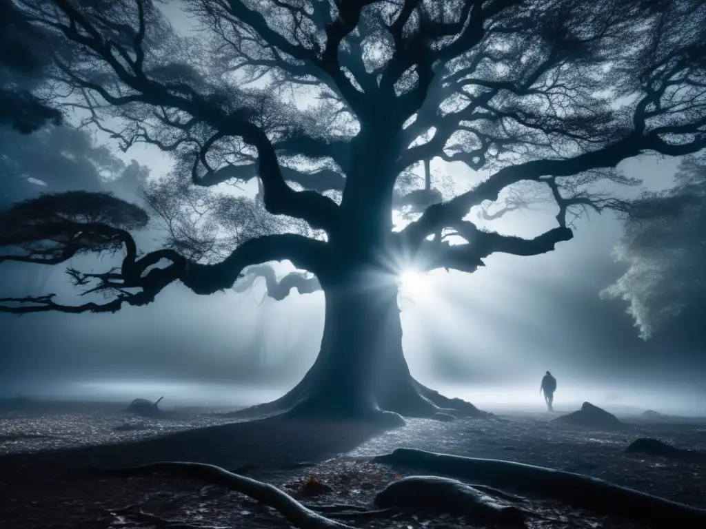 Criaturas mitológicas nocturnas en un bosque iluminado por la luna, con árboles antiguos y una figura misteriosa