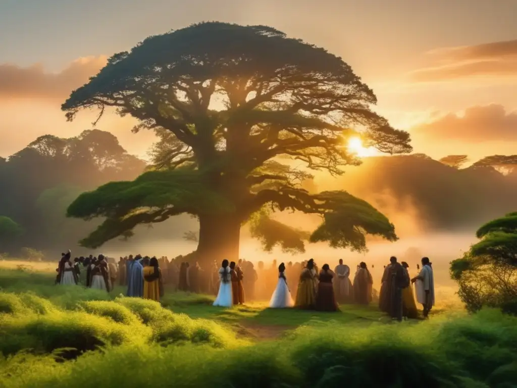 Ceremonia sagrada en bosque africano con espíritus naturaleza (Interpretación de espíritus naturaleza África)