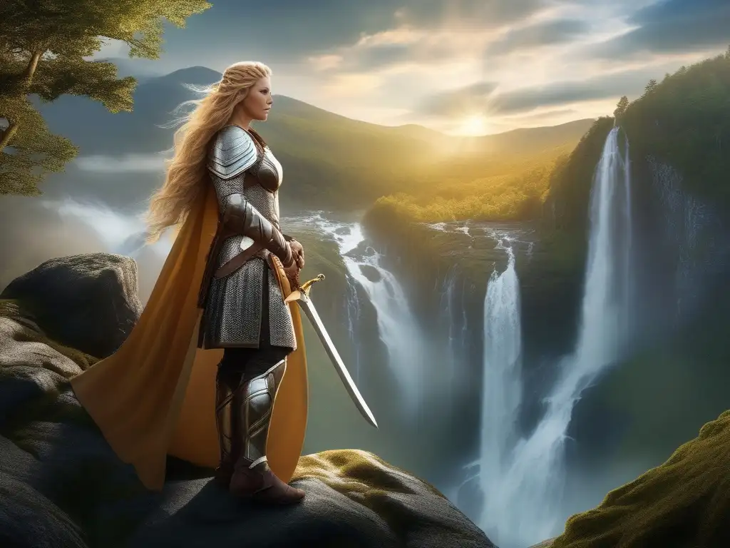 Epica batalla en la cima Valquirias mitología nórdica guerreras aladas - Brunilda y Sigfrido en paisaje místico, vestidos de armaduras brillantes