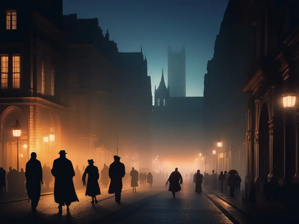 Calle neblinosa al atardecer con edificios imponentes y misteriosos orígenes zombie ciudad