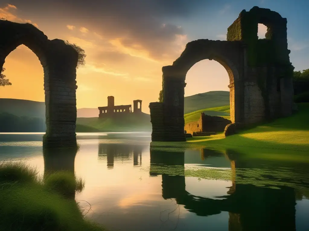 Ancestral lago envuelto en niebla, ruinas y colinas verdes