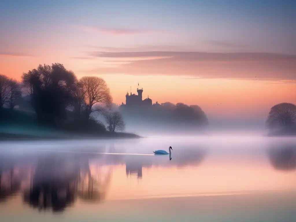 Historia de Camelot: Realidad o leyenda artúrica, paisaje místico y encantador con castillo y lago reflejando el cielo al amanecer