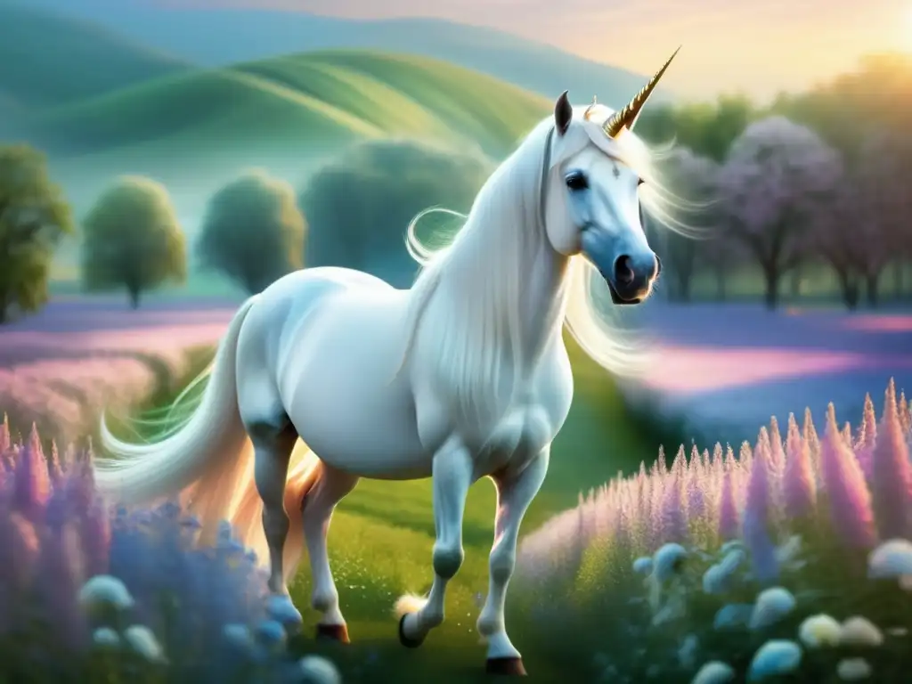 Unicornio en un campo de flores pastel, radiante y místico