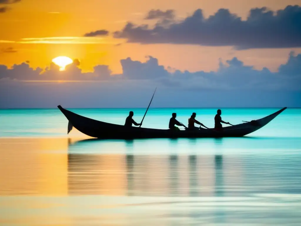 Influencia monstruos marinos Kiribati, pesca tradicional y cultura ancestral en imagen hipnótica de aguas turquesas al amanecer