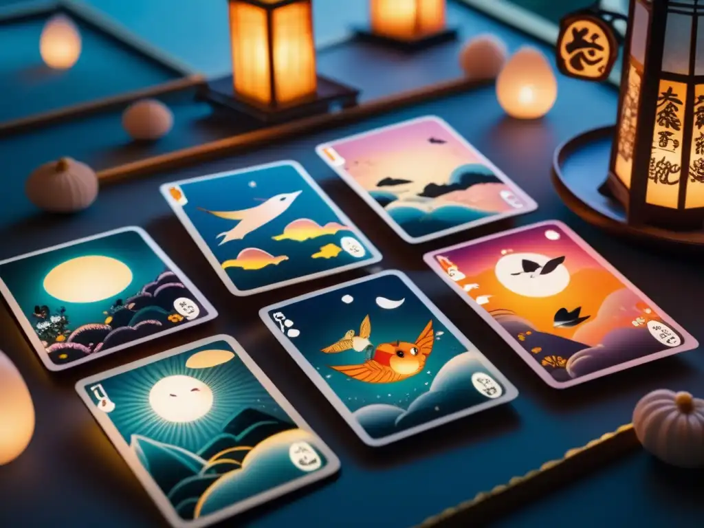 Juego de cartas Obake Karuta: Espíritus cambiantes flotando en un espacio mágico y etéreo