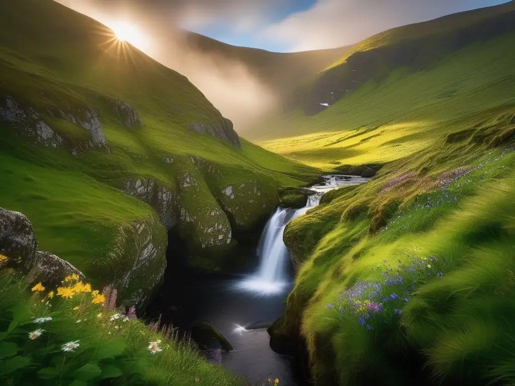 Anima paisaje irlandés con cascada, leprechauns en batalla y magia de la mitología