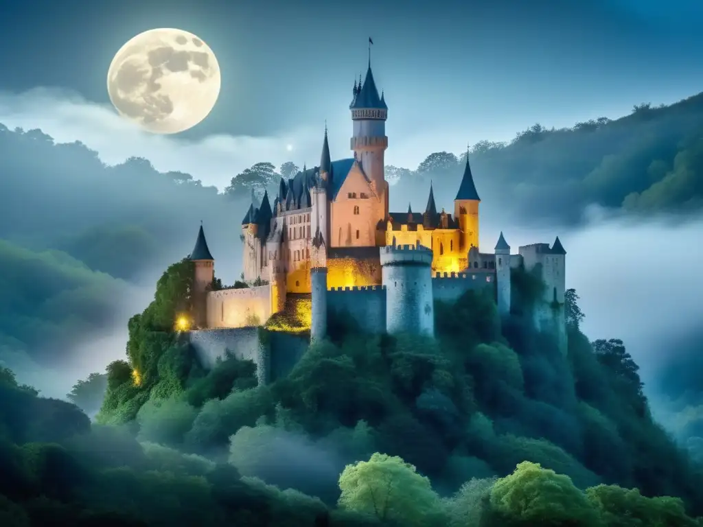 Castillo europeo rodeado de bosque bajo la luna: Historias de espectros en Europa