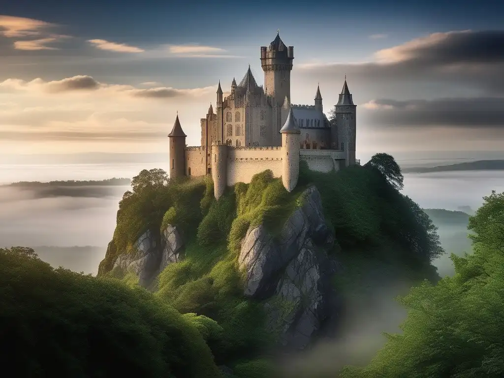 Historia de Camelot: Castillo místico en la niebla, con arquitectura medieval y elementos míticos