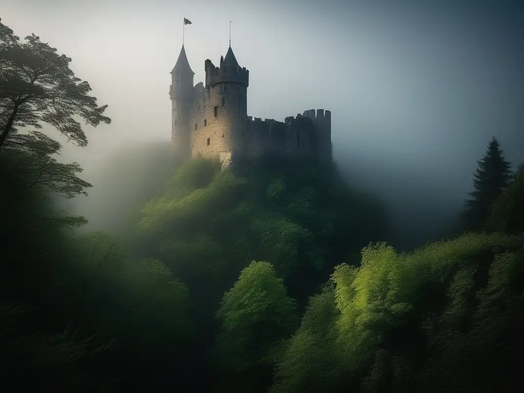 Castillo antiguo envuelto en niebla y rodeado de un bosque denso y misterioso: maldiciones históricas escalofriantes