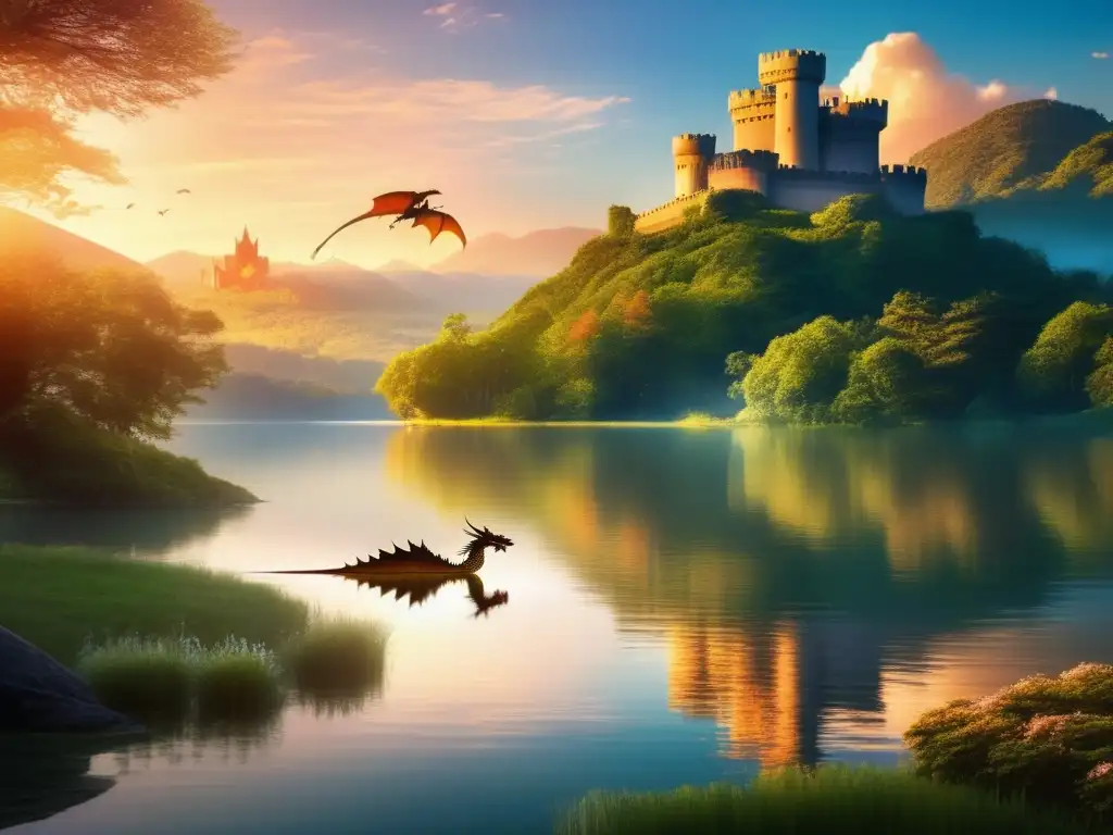 Romance de dragones y princesas en un paisaje etéreo y exuberante con un majestuoso dragón, una princesa valiente y un castillo imponente