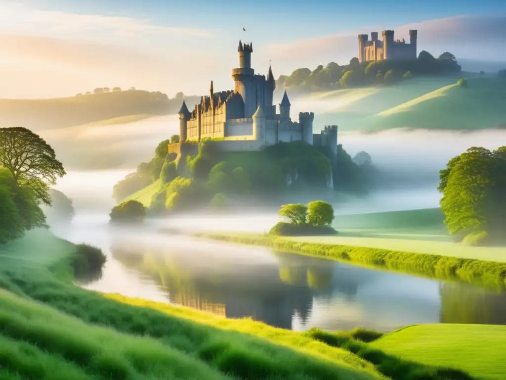 Historia y leyendas de Camelot: Castillo medieval emergiendo de la niebla, paisaje mágico, unicornio en prado