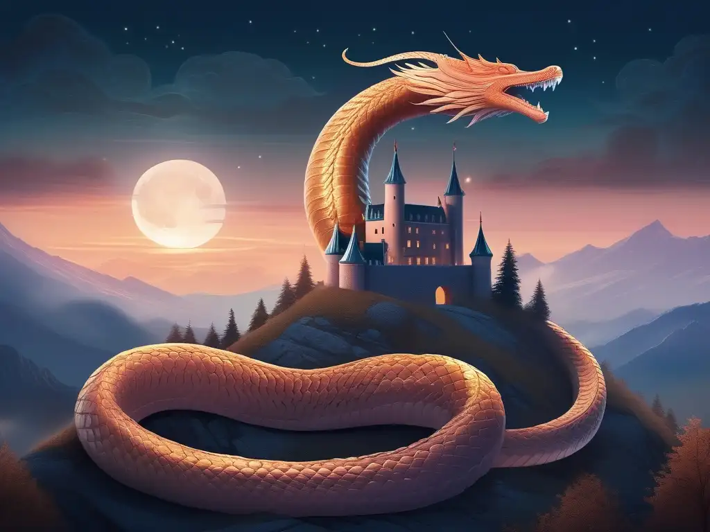 Lindworm nórdico: Serpiente mágica en castillo, montañas y cielo estrellado