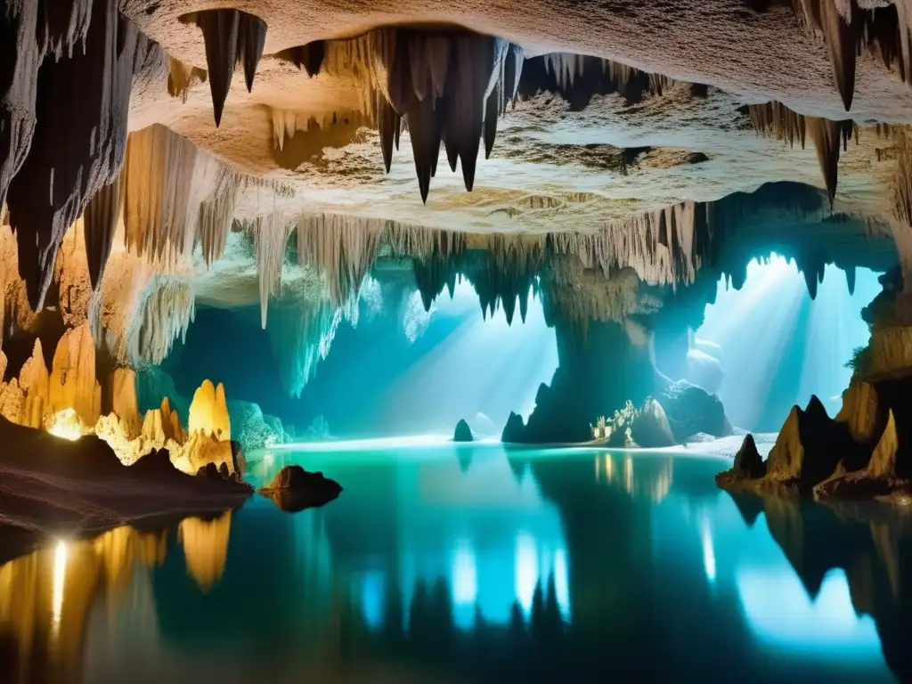 Criaturas mitológicas del inframundo: Una imagen etérea y soñadora que muestra una vasta caverna subterránea iluminada por suave luz etérea