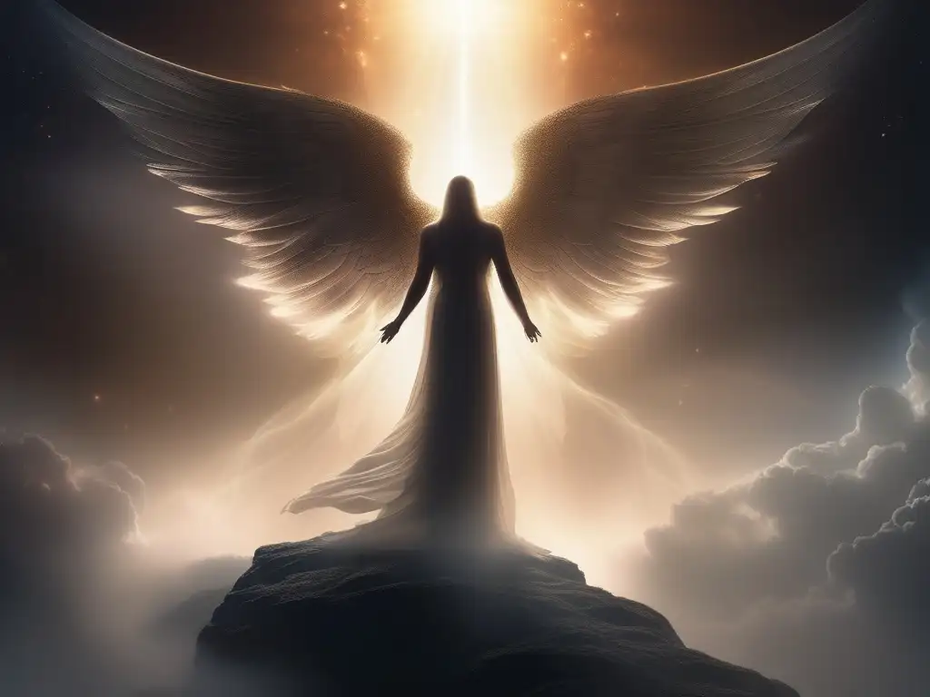 Celestial enfrentamiento: ángeles y demonios Imagen: Orígenes mitológicos de ángeles y demonios en un reino celestial con seres divinos y oscuros