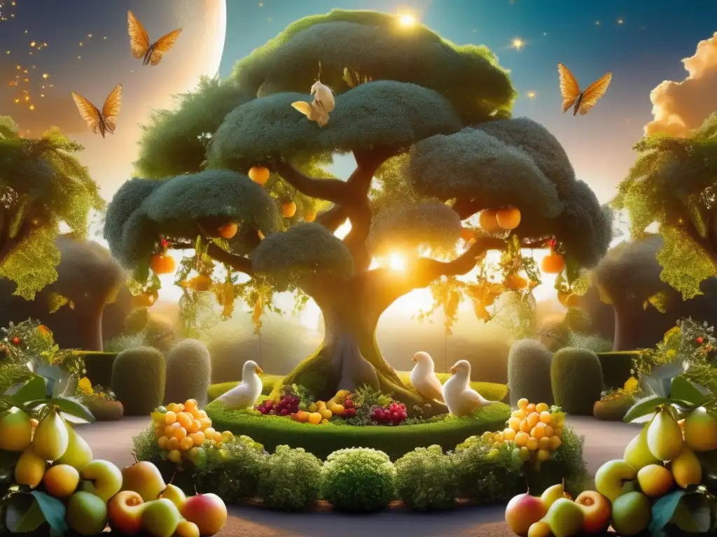 Jardín celestial con árbol, querubines y frutas celestiales - Alimentación querubines seres celestiales