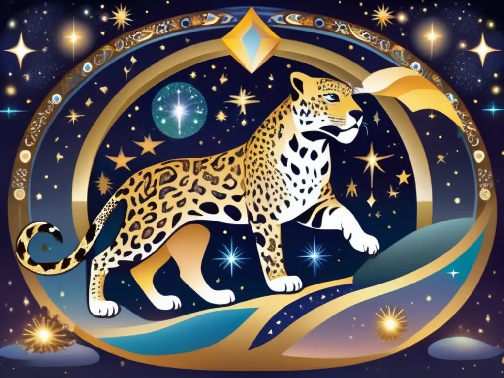 Dioses animales en la astrología: escena celestial con jaguar, águila y serpiente en armonía mística