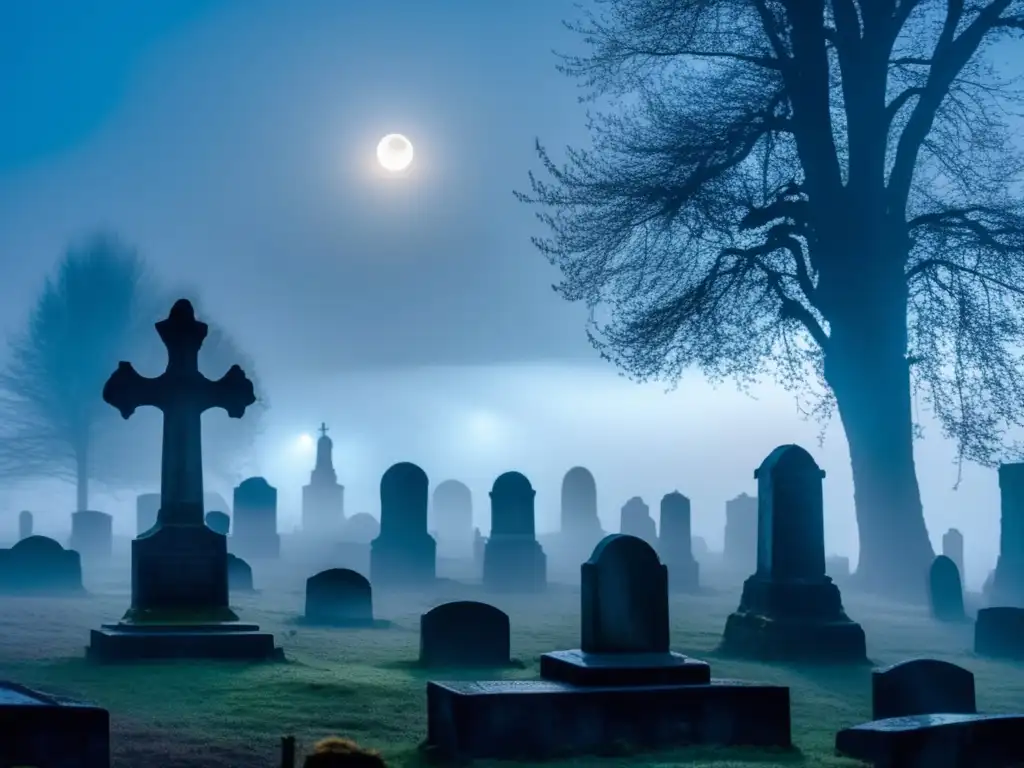 Historias de espectros en Europa: Cementerio neblinoso y misterioso, con tumbas antiguas y figuras espectrales