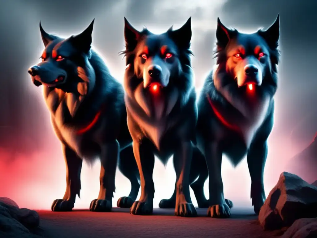 Cerberus, el perro de tres cabezas que protege el Tártaro, emerge de la neblina con sus ojos rojos y dientes afilados