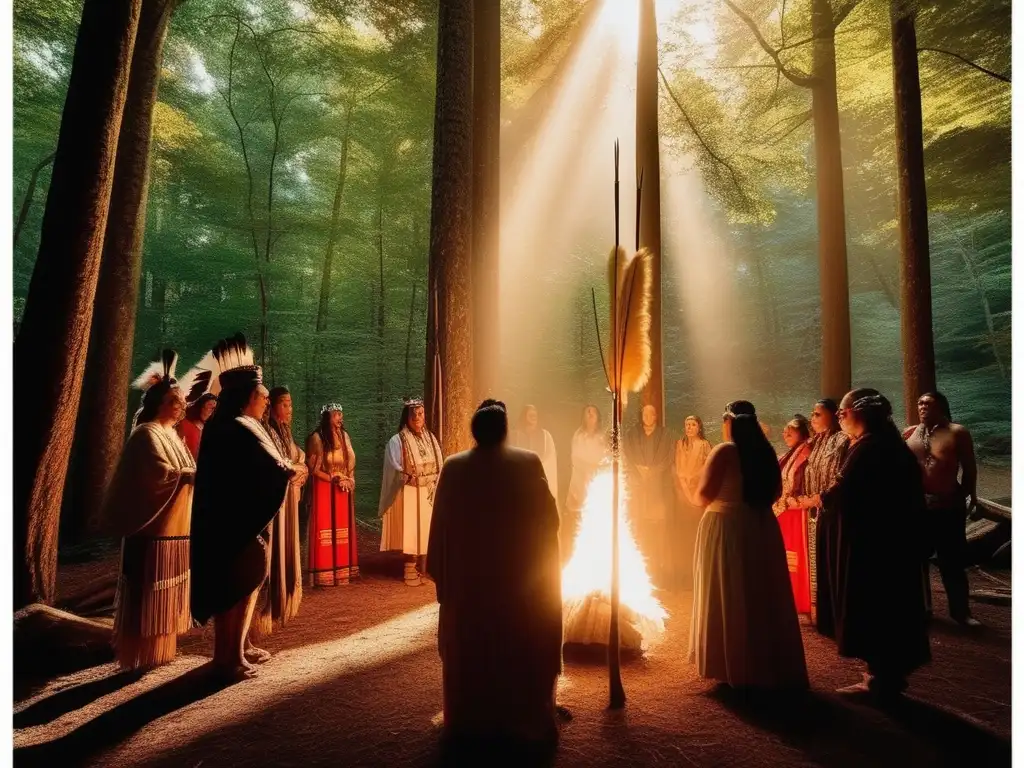 Criaturas mitológicas Cherokee enigmáticas en ceremonia sagrada en el bosque