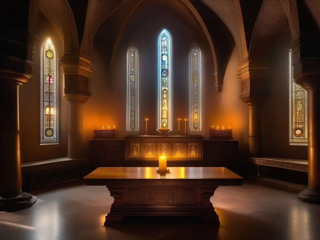 Cáliz Última Cena, significado religión, cámara antigua, luz dorada, vidrieras coloridas, ambiente místico