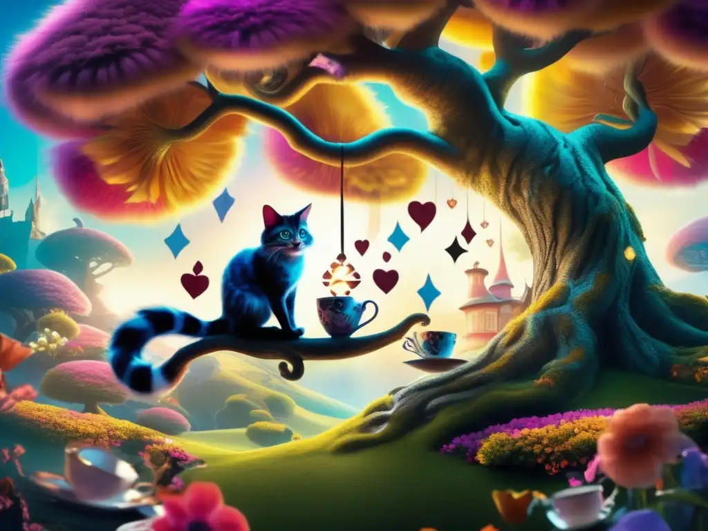 Escena mágica con el Gato de Cheshire en árbol encantado - Importancia de las Mascotas Míticas en los cuentos de hadas