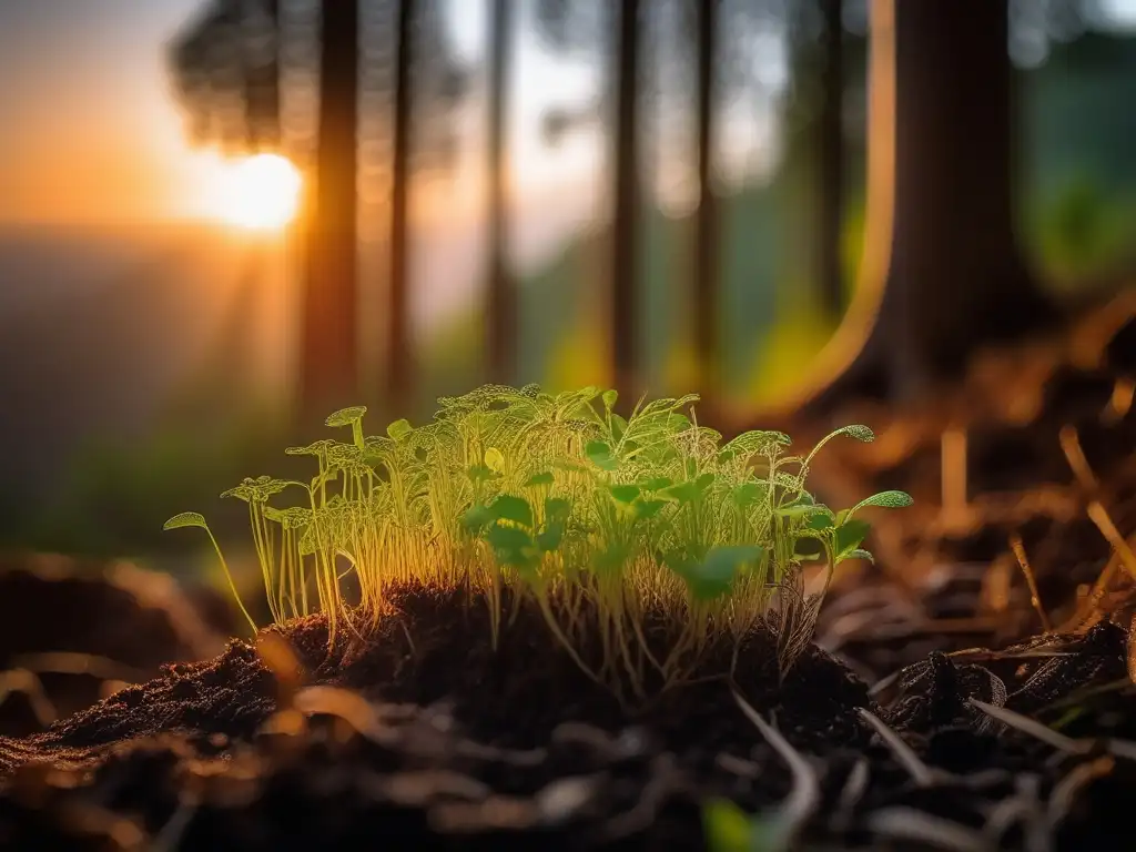 Ciclo vida criaturas mitológicas: semillas germinando, ents floreciendo, bosque mágico