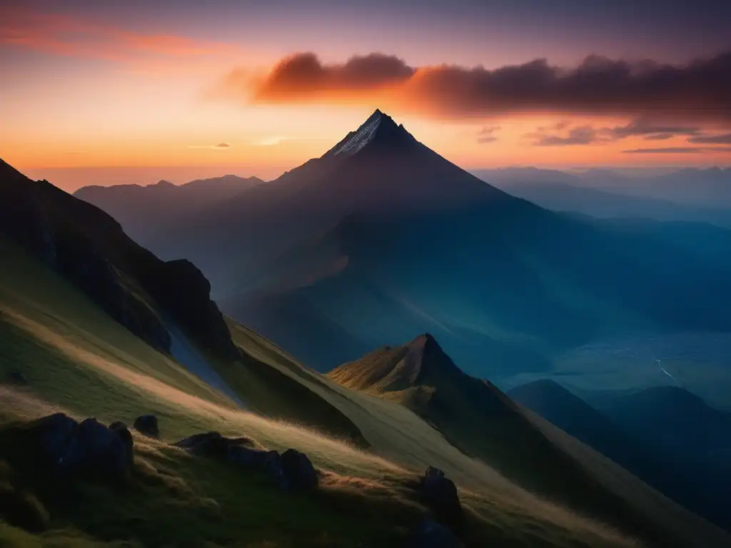 Majestuoso paisaje de montaña con un sol poniente, un cíclope mítico y un bosque exuberante