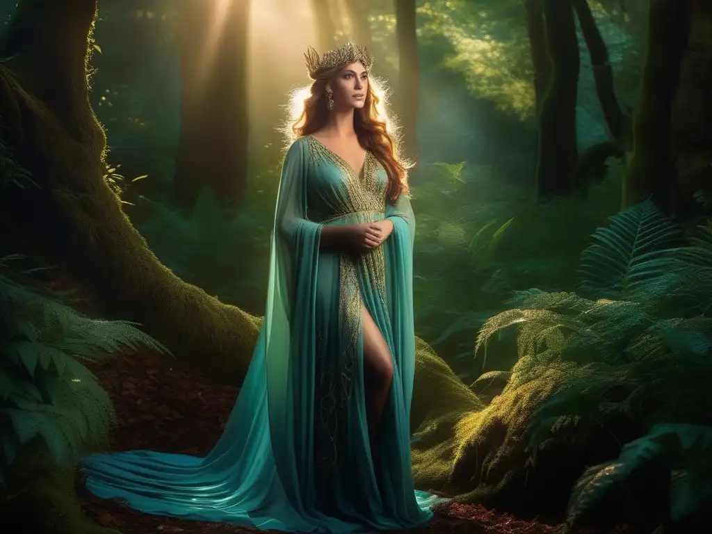 Circe, diosa transformaciones míticas, en bosque encantado rodeada de seres mágicos