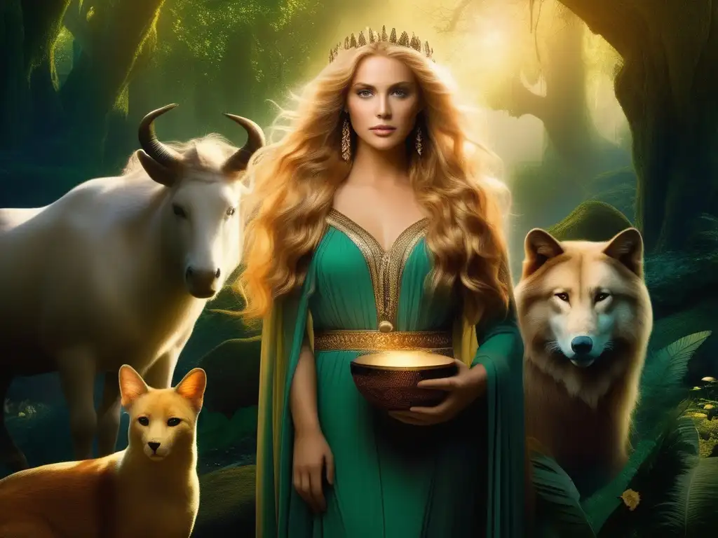 Circe, diosa transformaciones míticas en bosque encantado rodeada de animales y objetos transformados