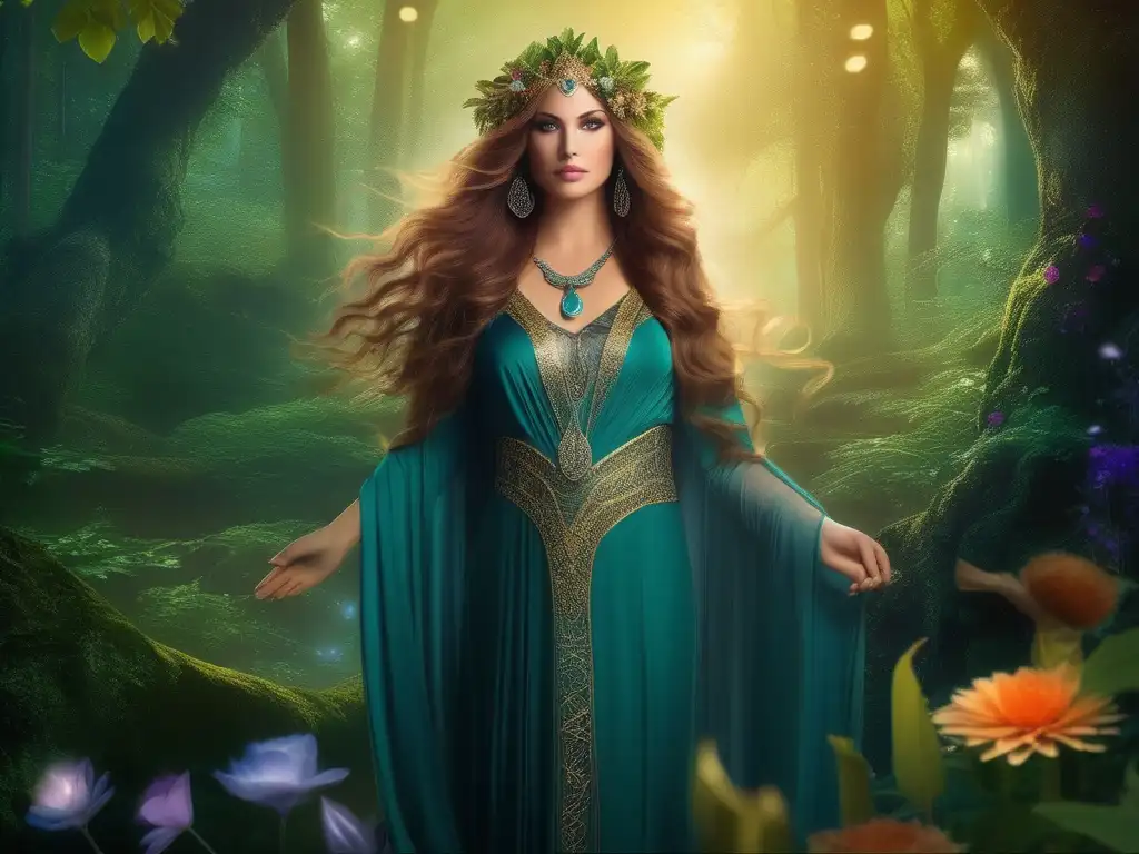 Circe, diosa de transformaciones míticas, en un bosque encantado rodeada de flora y fauna vibrante