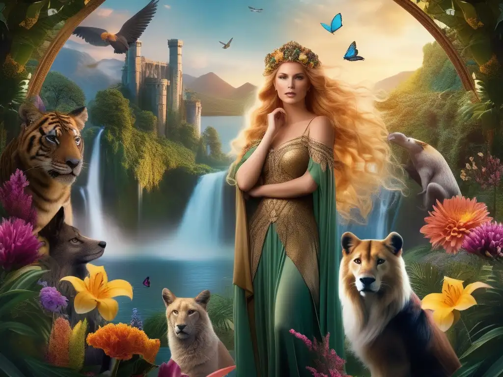 Circe, diosa de transformaciones míticas en isla encantada rodeada de flores y animales exóticos