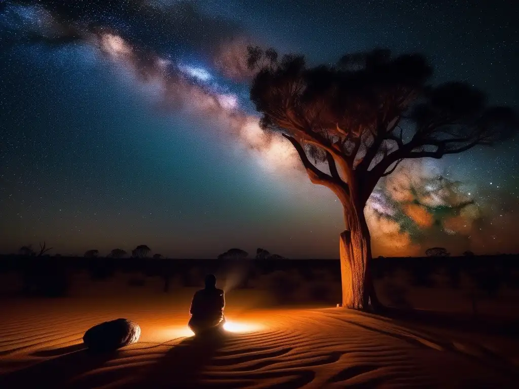 Noche estrellada en el outback australiano con espíritus animales de la mitología aborigen