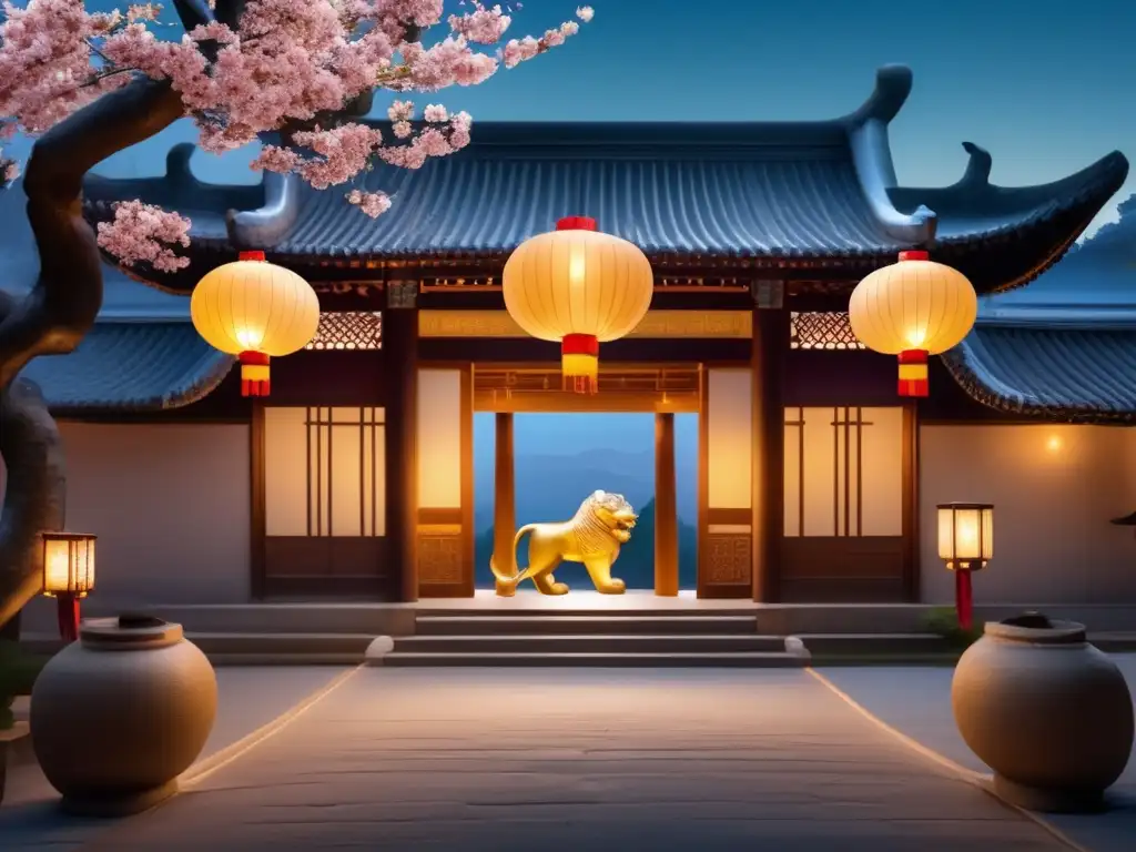 Escena mística con un león guardián y flores de sakura en un patio chino iluminado por faroles - Mitología china espíritus mundo